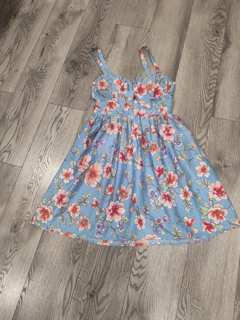 Band of Gypsies Light Blue Floral Sun Dress with Pink & Orange Blooms